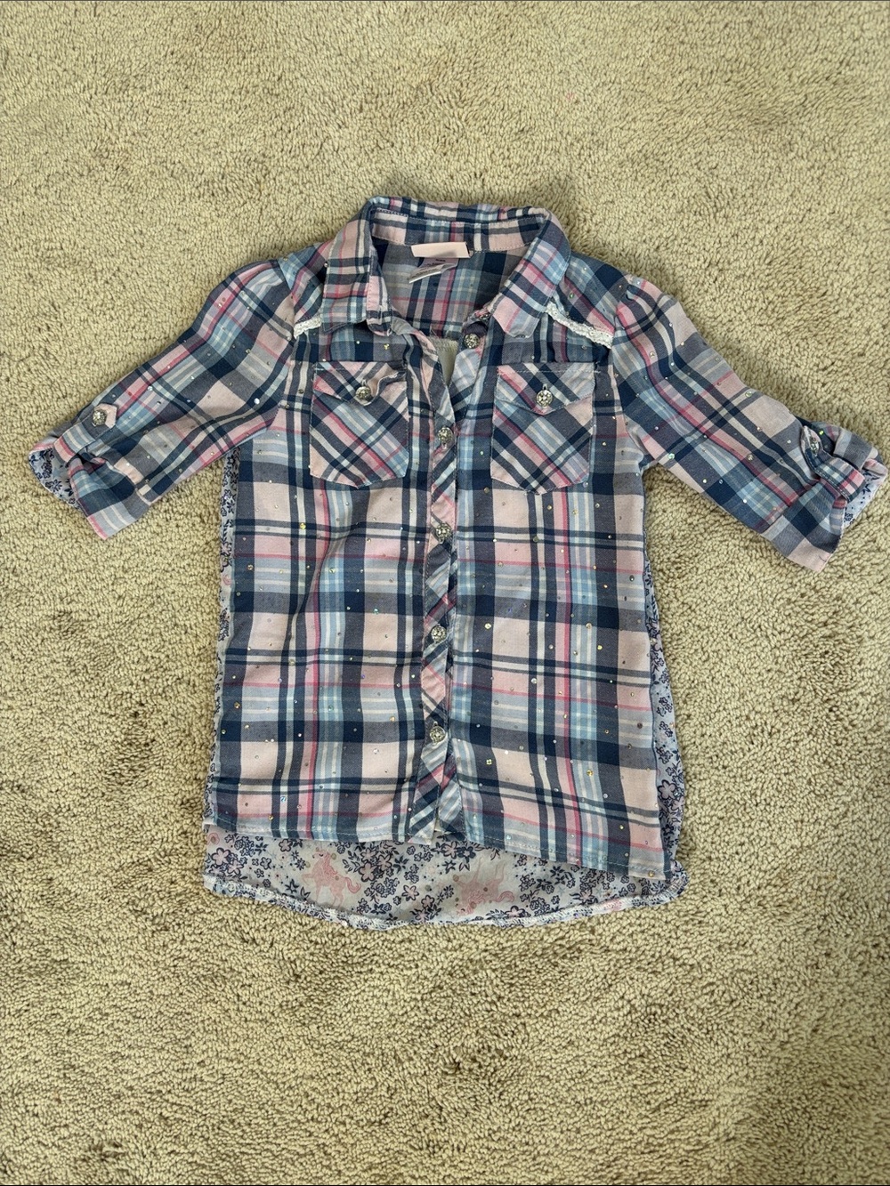 LITTLE LASS High/Low Top, Blue & Pink Plaid with Unicorns Button-Down Shirt